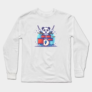 Cute Panda Playing Drum with Stick Music Cartoon Vector Icon Illustration Long Sleeve T-Shirt